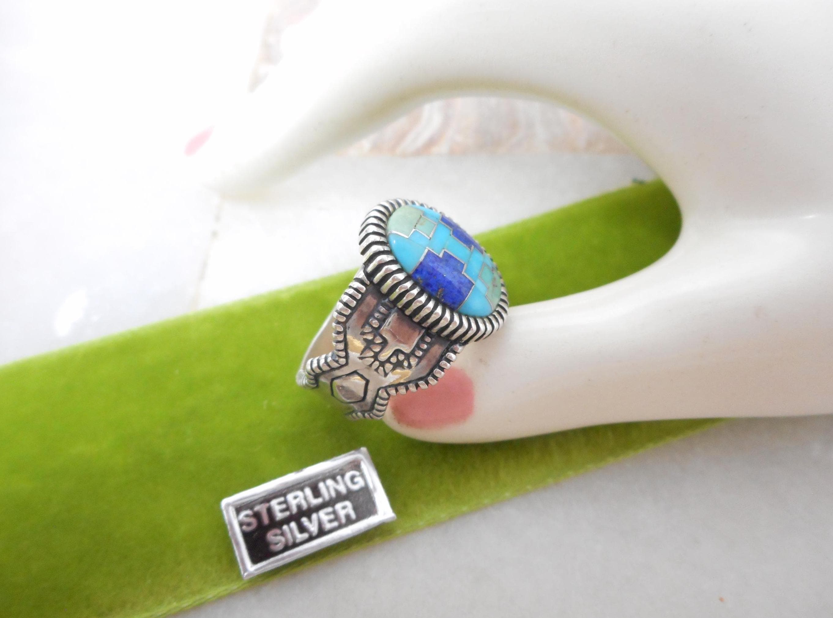 Relios Silver Rings Vintage Relios STERLING SILVER Ring Blue Turquoise Lapis Gemstone Inlay ...
