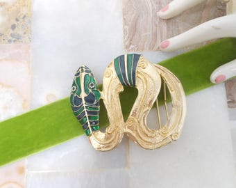Vintage GAY BOYER 80s Belt Buckle HUGE Snake Gold Plate Blue Green Enamel Jumbo Runway Statement Designer Jewelry Mid Century VivianJoel.com