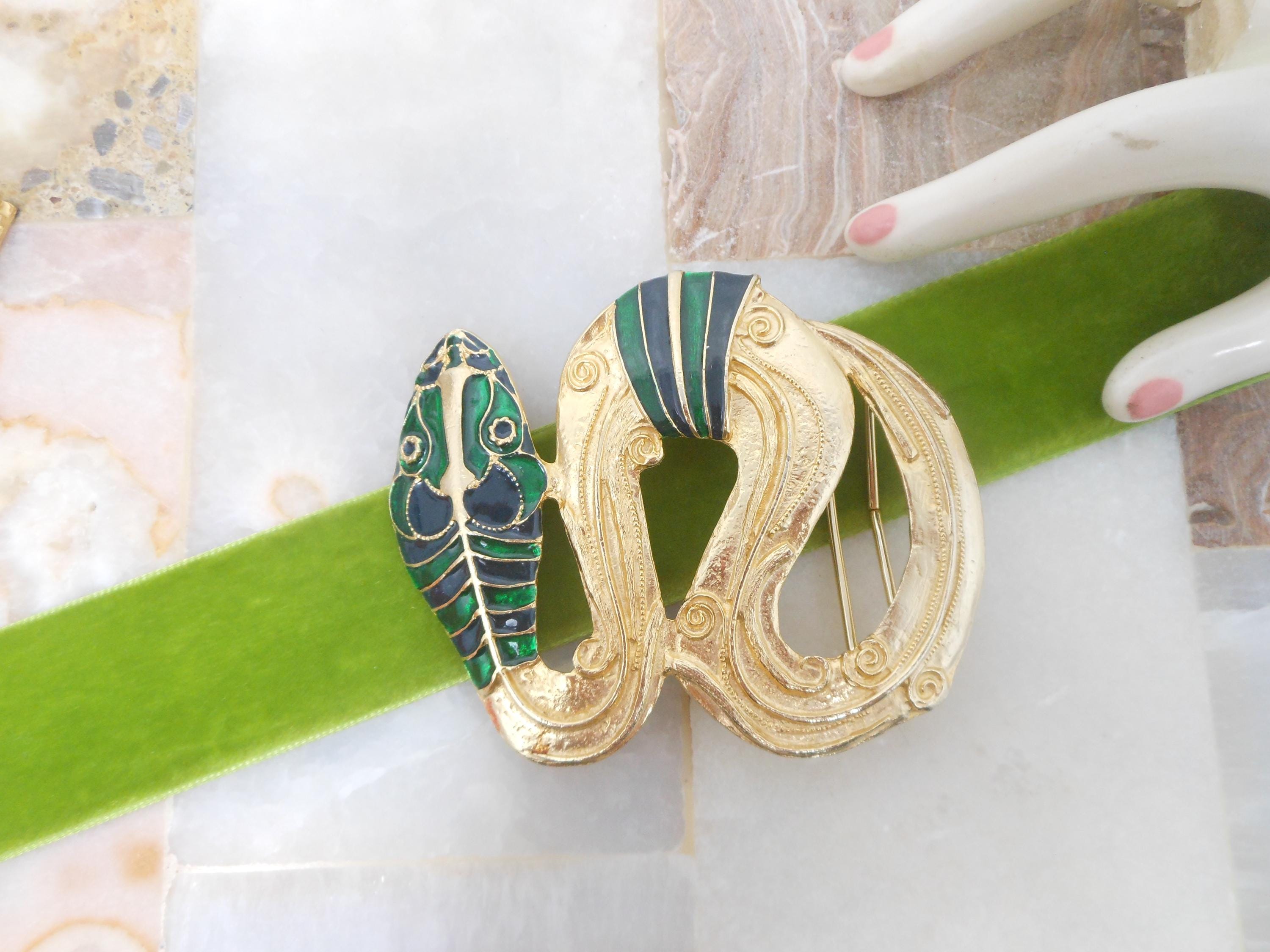 Vintage GAY BOYER 80s Belt Buckle HUGE Snake Gold Plate Blue  display picture 1