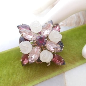 Vintage Glass Rose Brooch Frosted Flower Amethyst Purple Crystal Rhinestone Pin Jewelry Mid Century Gift, VivianJoel.com