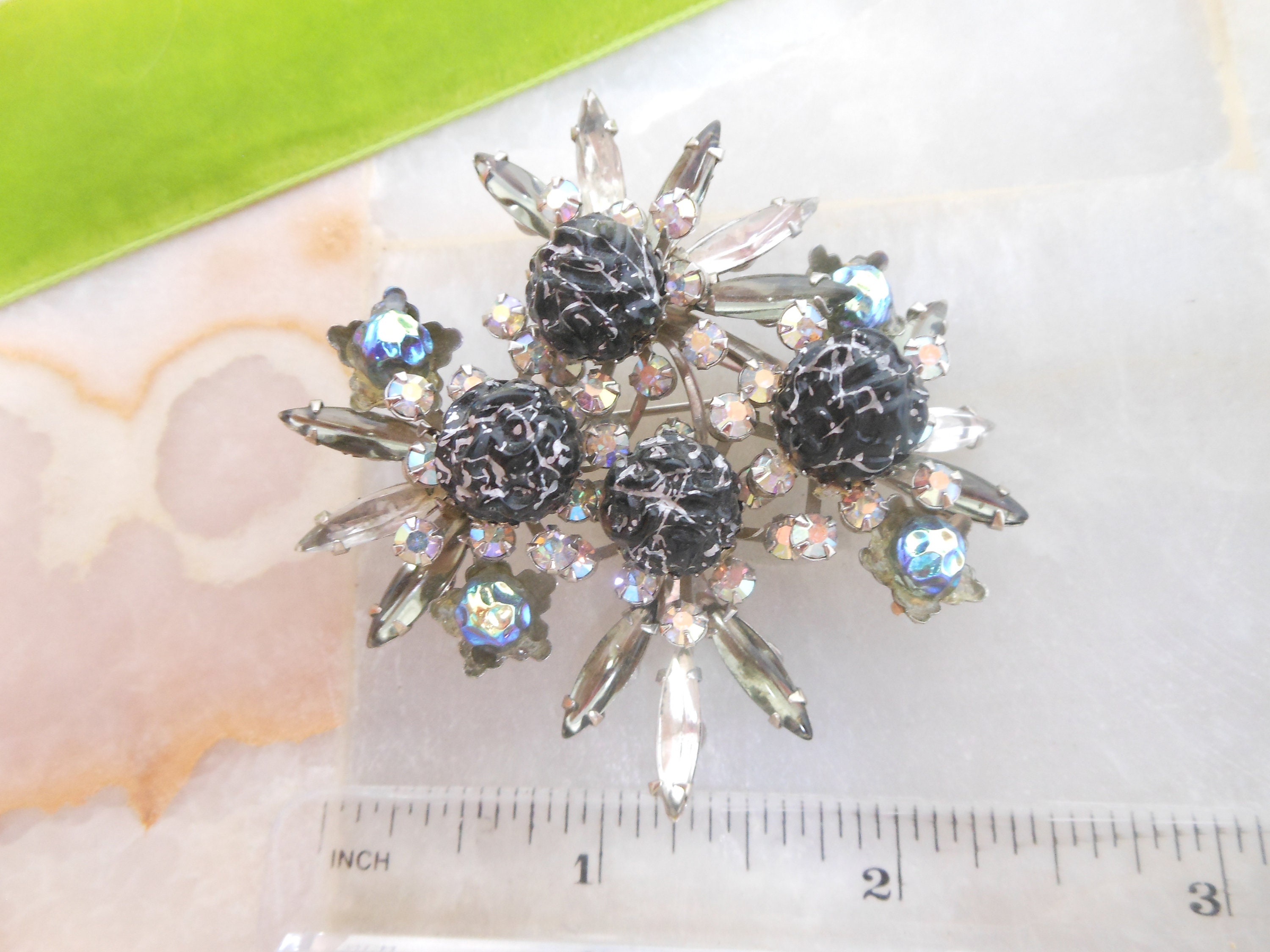 Vintage Lava Brooch Crystal Rhinestone Aurora Borealis Bumpy Black Bead ...