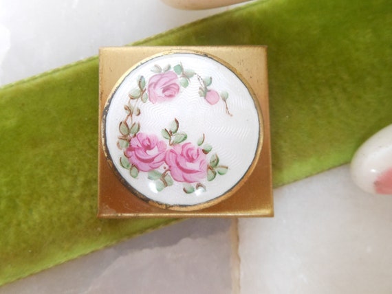 Vintage Pink Rose Pill Box Purse Compact Enamel G… - image 1