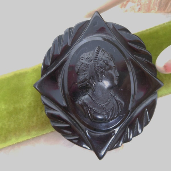 Vintage Black BAKELITE Brooch Carved Cameo Large Pin Art Deco Mourning Victorian Old Plastic ERA Mid Century Jewelry Gift, VivianJoel.com