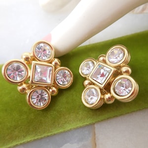 Vintage MONET Earrings Clear Crystal Clip On Gold Tone Plate Rhinestone Classic Maltese Cross Designer Jewelry Gift, VivianJoel.com