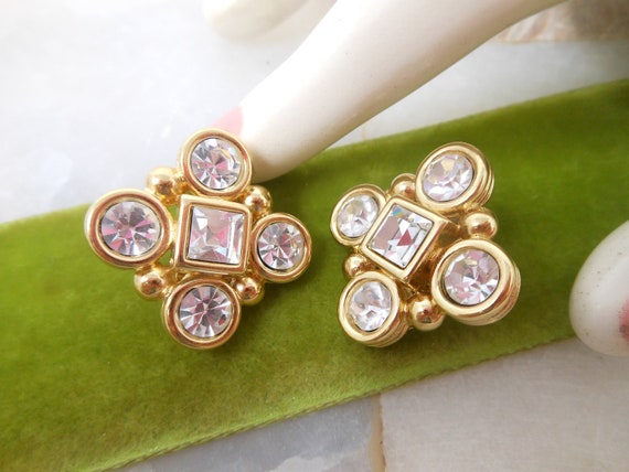 Vintage MONET Earrings Clear Crystal Clip On Gold… - image 2