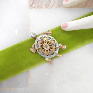 Vintage Blue Turtle Brooch Crystal Rhinestone Enamel Good Luck Figural Mid Century Jewelry Gift, VivianJoel.com