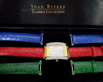 Vintage JOAN RIVERS Bracelet Wristwatch Interchangeable Leather Band Crystal Rhinestone Designer Original Box Jewelry *works VivianJoel.com