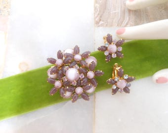 Vintage BEAU JEWELS Brooch Earrings Set Purple Lilac Lavender Crystal Rhinestone Designer Demi Parure Mid Century Jewelry, VivianJoel.com