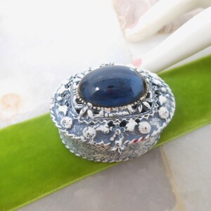 Vintage FLORENZA Jewelry Ring Trinket Box Blue Cabochon Enamel Ornate Victorian Revival Designer Mid Century *As Is*