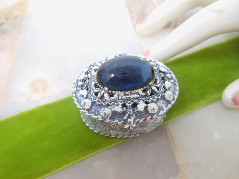 Vintage FLORENZA Jewelry Ring Trinket Box Blue Cabochon Enamel Ornate Victorian Revival Designer Mid Century *As Is*
