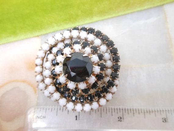 Vintage Milk Glass Brooch Black White Pinwheel Spiral Dome Jet Rhinestone Mod Pin Mid Century Jewelry Gift, VivianJoel.com View 5