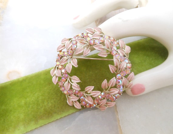 Vintage CORO Pink Rhinestone Pin Flower Leaf Enam… - image 1