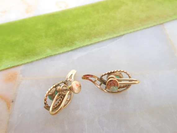 Vintage Green Cabochon Gold Fill Earrings Screw B… - image 6