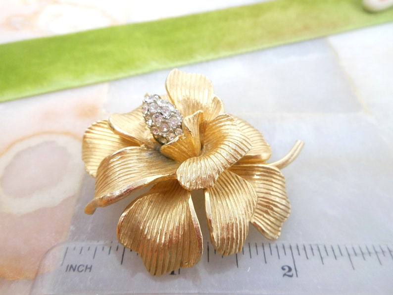 Vintage Rhinestone Flower Brooch Dimensional Gold Plate Orchid Plumeria Pin Mid Century Classic Timeless Jewelry Gift, VivianJoel.com image 9