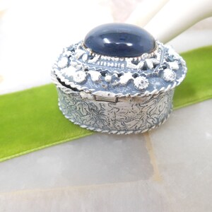 Vintage FLORENZA Jewelry Ring Trinket Box Blue Cabochon Enamel Ornate Victorian Revival Designer Mid Century *As Is*