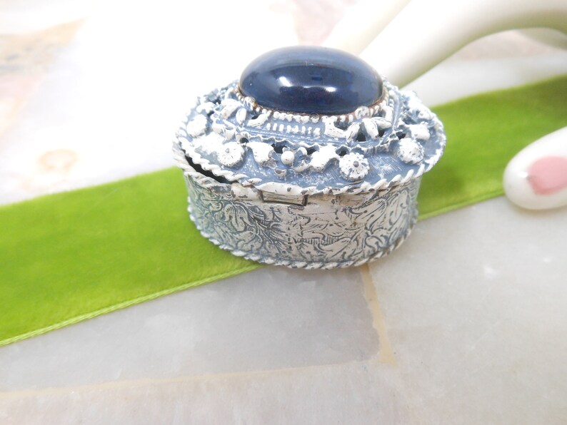 Vintage FLORENZA Jewelry Ring Trinket Box Blue Cabochon Enamel Ornate Victorian Revival Designer Mid Century *As Is*