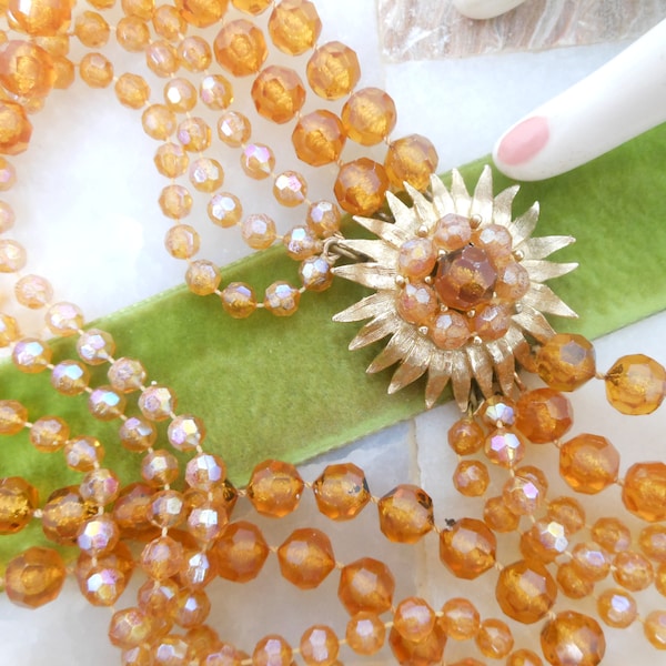 Vintage SELINI Topaz Bead Necklace Bib 5 Multi Strand Lucite Plastic  Flower Clasp Designer Mid Century Jewelry *As Is*, VivianJoel.com