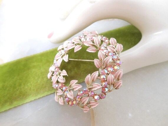 Vintage CORO Pink Rhinestone Pin Flower Leaf Enam… - image 3