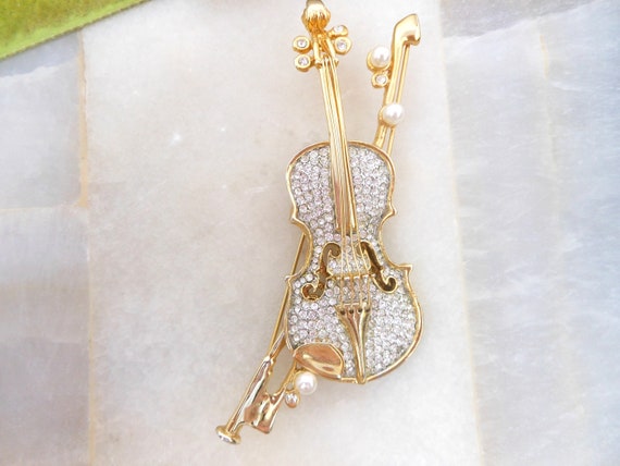 Vintage Huge Violin Brooch Ice Crystal Rhinestone… - image 7