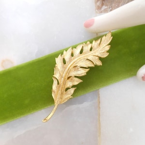 May include: A gold-toned leaf-shaped brooch with a detailed textured design.