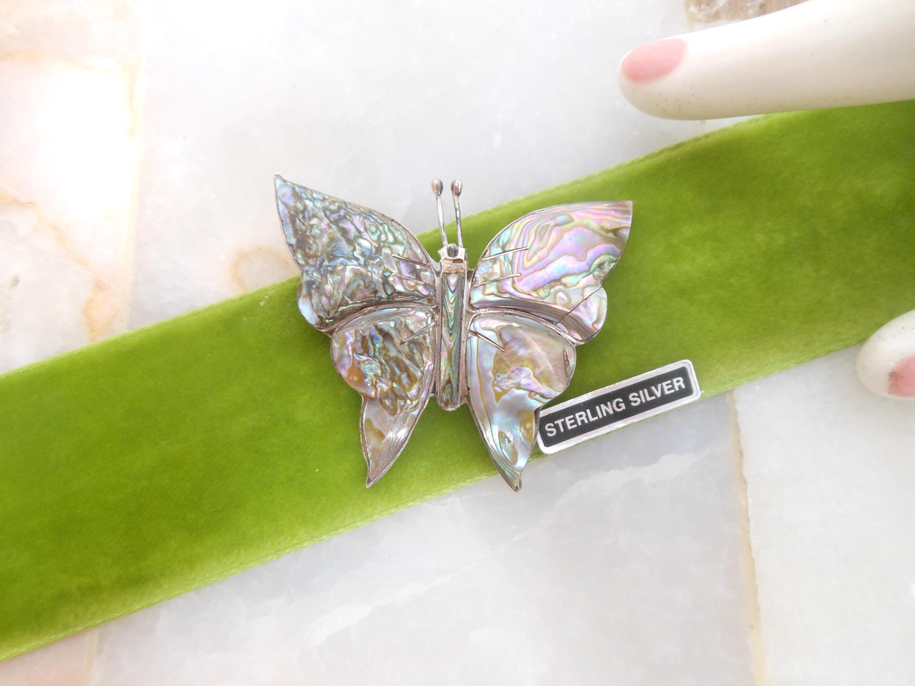 Insect Inlays Vintage STERLING SILVER Butterfly Brooch Insect Bug Mosaic Abalone ...