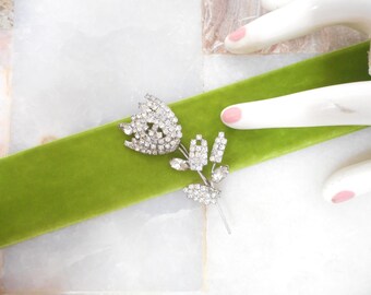 Vintage Ice Rhinestone Flower Brooch Clear Crystal Tulip Corsage Pin Retro Art Deco Style Wedding Mid Century Jewelry Gift, VivianJoel.com