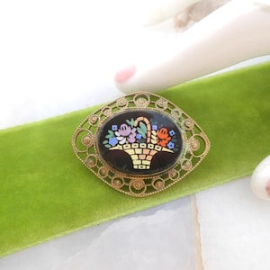 Vintage Micro Mosaic Brooch Art Glass Flower Basket Pin Micromosaic Victorian Pietra Dura Black Glass Jewelry Gift, VivianJoel.com