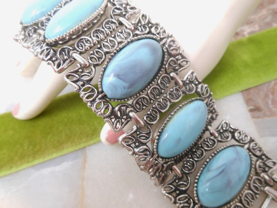 Vintage Faux Turquoise Wide Ornate Link Chunky Tw… - image 1