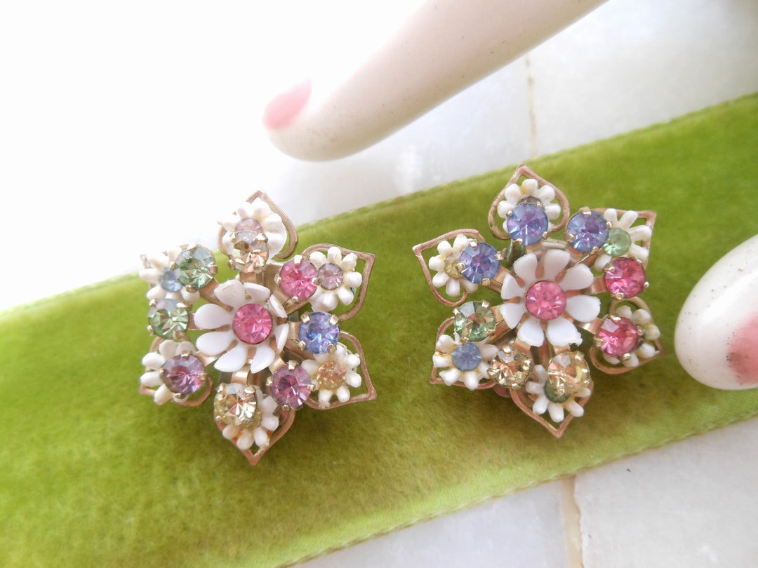 Vintage Plastic Flower Earrings Clip on Pastel Rhinestone Etsy