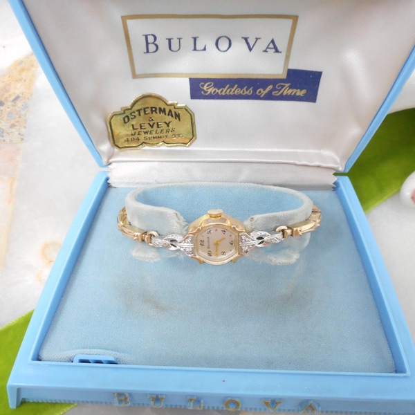 Vintage BULOVA Watch Rolled Gold Wristwatch Stretch Bracelet Mechanical Manual L5 Original Box Designer Ladies Women Jewelry, VivianJoel.com