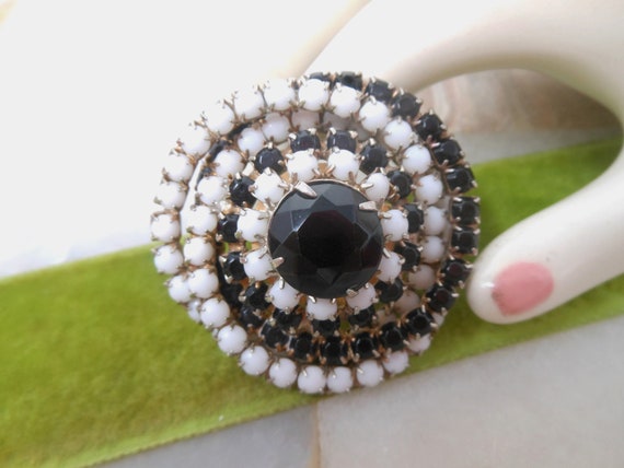 Vintage Milk Glass Brooch Black White Pinwheel Spiral Dome Jet Rhinestone Mod Pin Mid Century Jewelry Gift, VivianJoel.com View 2