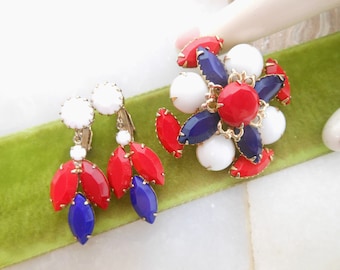 Vintage Milk Glass Patriotic Brooch Earrings Set Red White Blue Demi Parure Mid Century Election USA Jewelry Gift *As Is*, VivianJoel.com