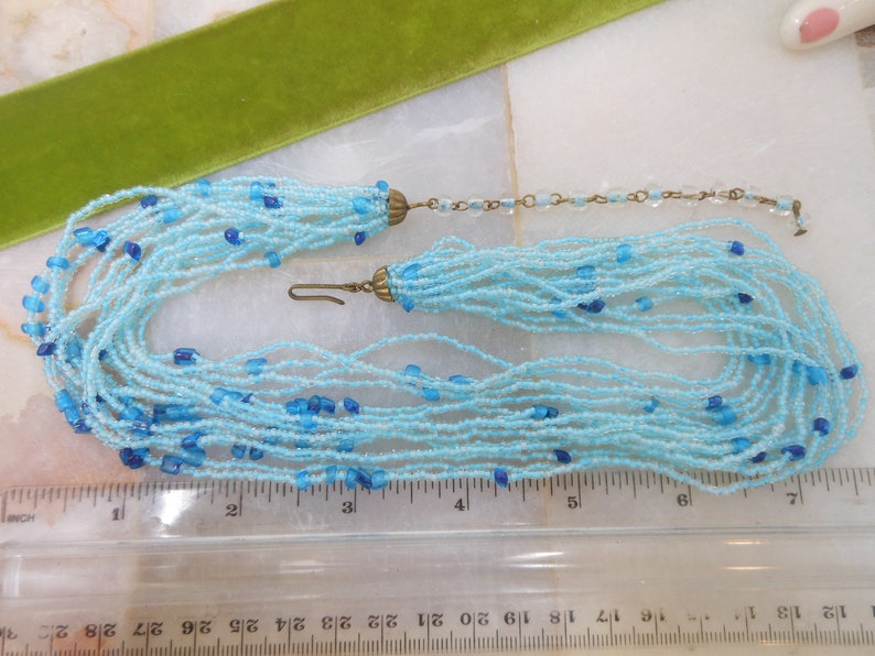 Vintage LISNER Necklace Designer Earrings Set Blue Seed Glass Bead ITALY Bib Choker Cluster Mid Century VivianJoel.com