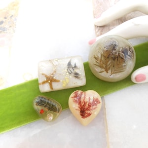 May include: Four resin pendants with natural inclusions, including a starfish, a fish, and various plant elements. The pendants are in various shapes: rectangular, round, heart-shaped, and oval. They are set on a green velvet ribbon.