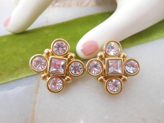 Vintage MONET Earrings Clear Crystal Clip On Gold… - image 4