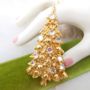 Vintage Rhinestone Festive Pin Christmas Tree Brooch Holiday Jewelry Mid Century Gift, VivianJoel.com
