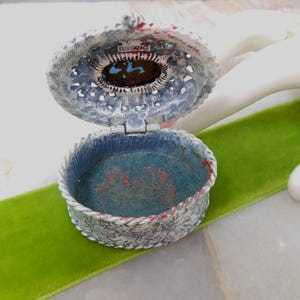 Vintage FLORENZA Jewelry Ring Trinket Box Blue Cabochon Enamel Ornate Victorian Revival Designer Mid Century *As Is*