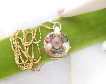 Vintage CORO Locket Pendant Necklace 4 Photo Rhinestone Pearl Victorian Regency Revival Designer Mid Century Jewelry *As Is*, VivianJoel.com