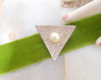 Vintage Pearl Rhinestone Brooch Atomic Pave Ice Diamonte Crystal Pin Wedding Mid Century Jewelry Gift, VivianJoel.com