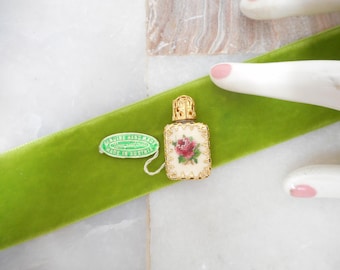 Vintage AUSTRIA Perfume Bottle Miniature Petit Point Red Pink Rose Purse Pompadour Glass Ornate Gold Plate Viennese Handmade, VivianJoel.com