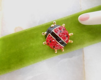 Vintage LadyBug Insect Brooch Black Enamel Red Rhinestone Bug Pin Petite Figural Jewelry Gift, VivianJoel.com