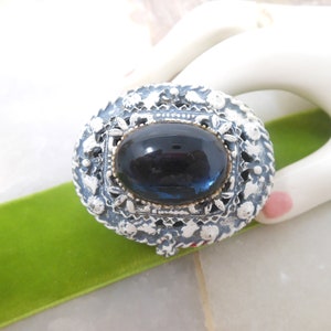Vintage FLORENZA Jewelry Ring Trinket Box Blue Cabochon Enamel Ornate Victorian Revival Designer Mid Century *As Is*