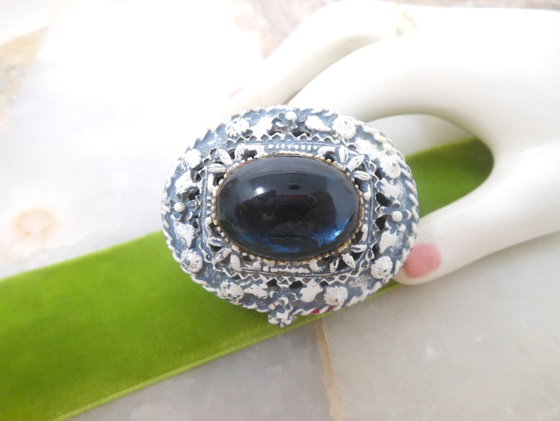Vintage FLORENZA Jewelry Ring Trinket Box Blue Cabochon Enamel Ornate Victorian Revival Designer Mid Century *As Is*