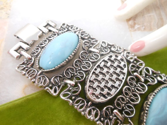 Vintage Faux Turquoise Wide Ornate Link Chunky Tw… - image 7