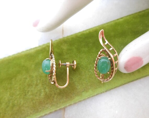 Vintage Green Cabochon Gold Fill Earrings Screw B… - image 3