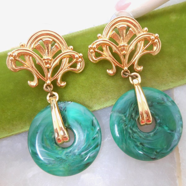 Vintage AVON Faux Jade Ornate Earrings Dangle Drop Chandelier Pierced Post Door Knocker Fleur De Lis Designer Jewelry Gift, VivianJoel.com