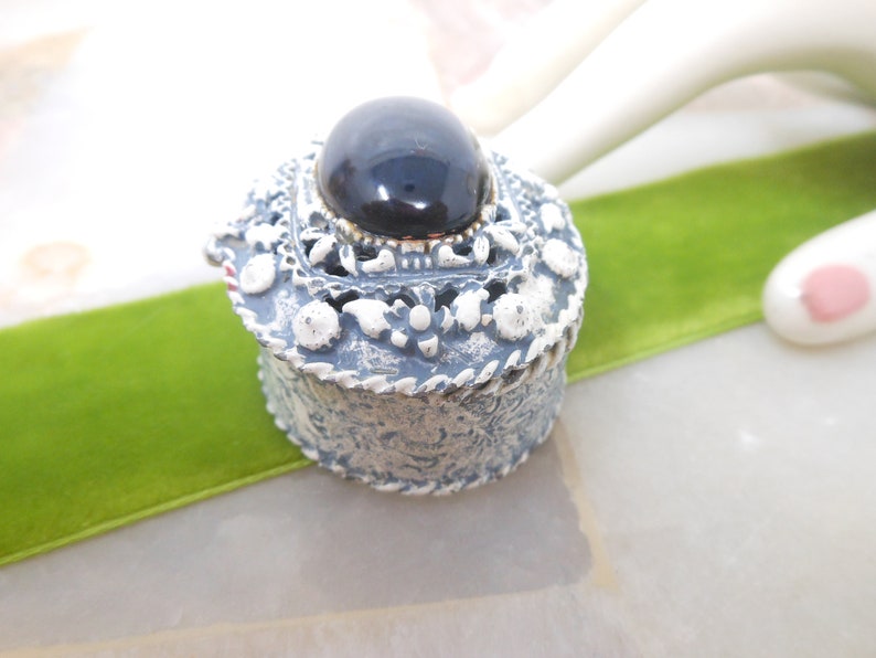 Vintage FLORENZA Jewelry Ring Trinket Box Blue Cabochon Enamel Ornate Victorian Revival Designer Mid Century *As Is*