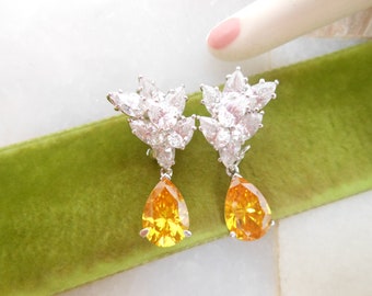 Vintage STERLING SILVER Earrings Designer Pierced Post Rhinestone Yellow Crystal Dangle Drop COUNTESS Madeleine 925 Jewelry, VivianJoel.com