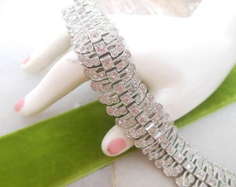 Vintage Ornate Rhinestone Bracelet Art Deco Style Multi Link Design Ice Clear Crystal Glam Mid Century Jewelry, VivianJoel.com