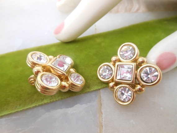 Vintage MONET Earrings Clear Crystal Clip On Gold… - image 3